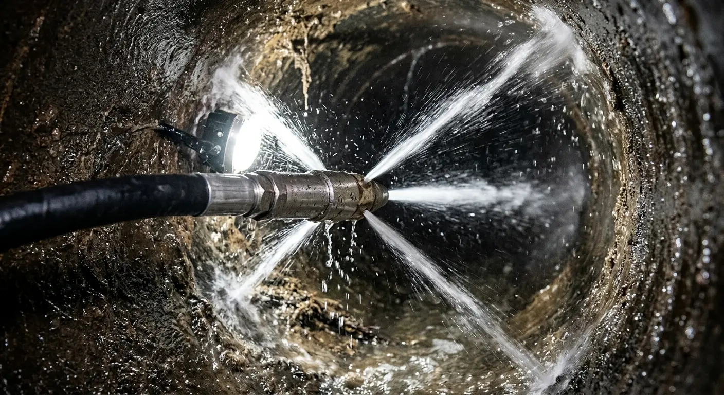 High-pressure hydro jetting nozzle cleaning sewer pipe for Trenchless Sewer Repair in Airway Heights