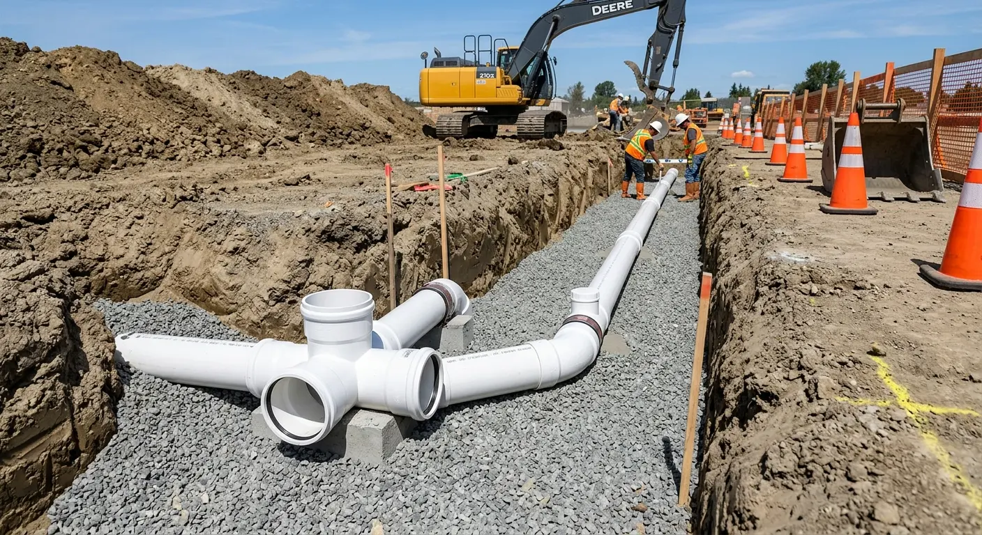 New PVC sewer pipe installation in open trench for Commercial Drain Cleaning in Airway Heights
