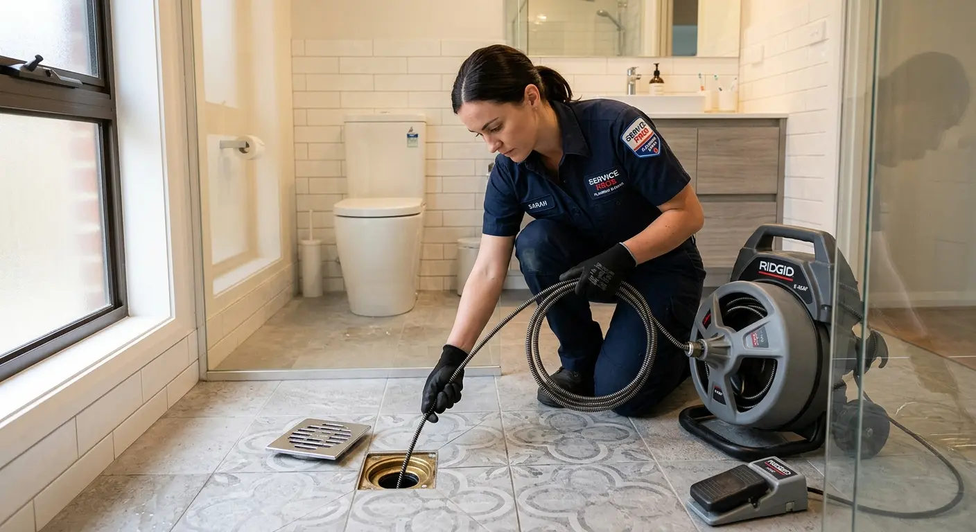 Technician clearing a bathroom floor drain for Sewer Line Replacement in Airway Heights